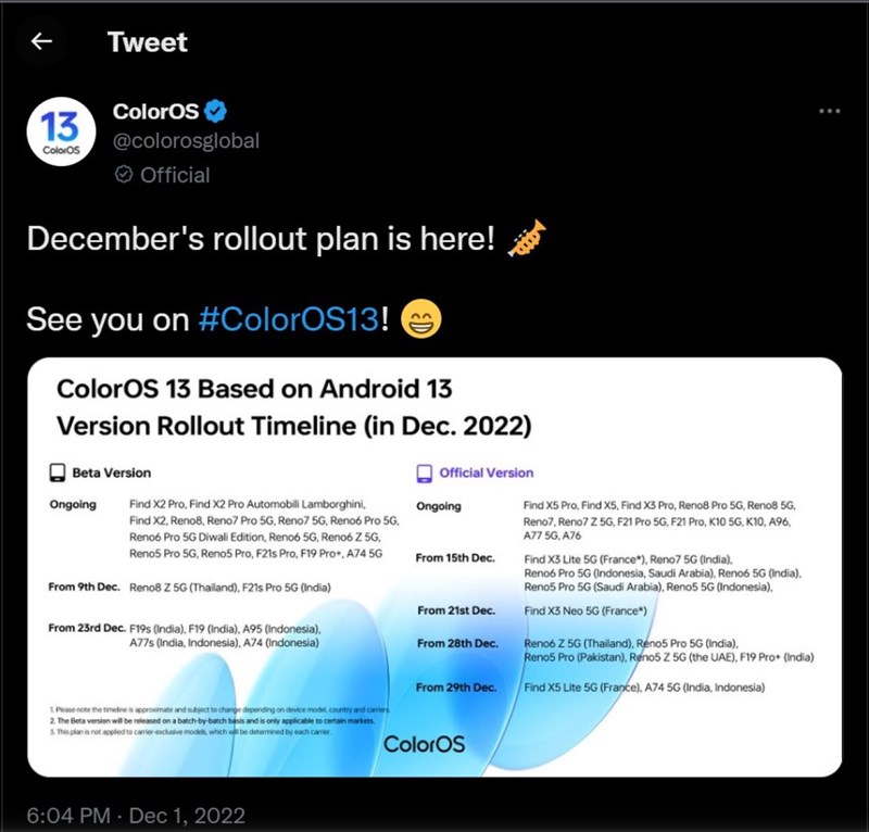 Bài đăng lịch trình cập nhật ColorOS 13 của OPPO