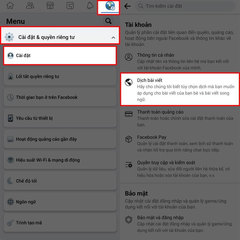 Cách tắt dịch tự động trên Facebook