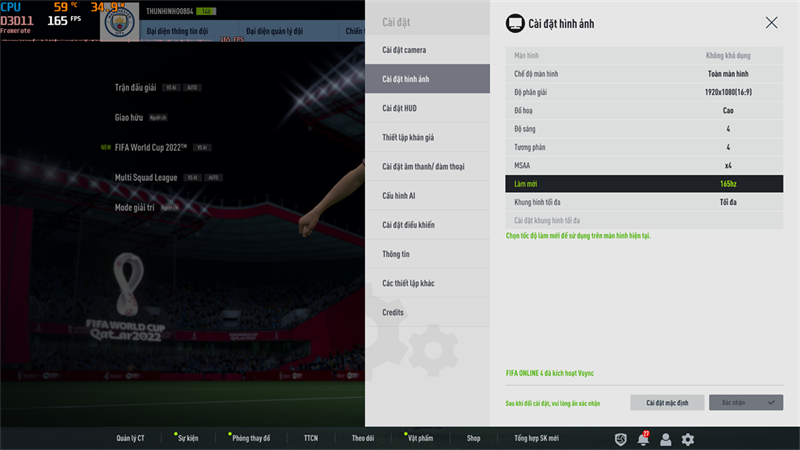 Thiết lập đồ họa game FIFA Online 4 trên Lenovo Legion 5 15IAH7.