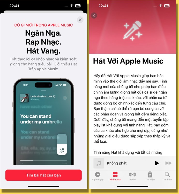 Ngay khi mình vào Apple Music trên iOS 16.2, hệ thống giới thiệu luôn tính năng Apple Music Sing. Ngay khi mình vào Apple Music trên iOS 16.2, hệ thống giới thiệu luôn tính năng Apple Music Sing.