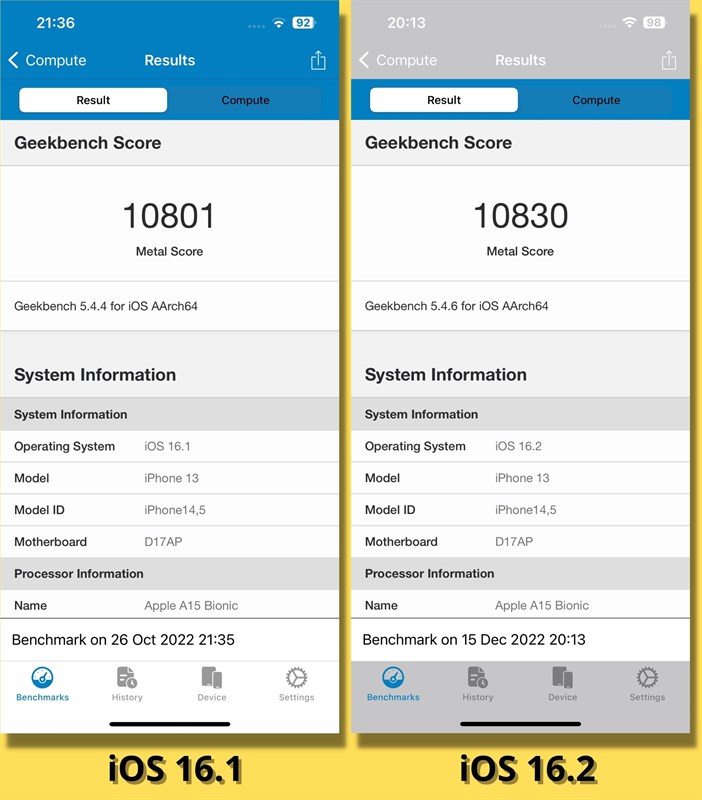 So sánh điểm GeekBench 5 Compute của iPhone 13 chạy iOS 16.1 (bên trái) và iOS 16.2 (bên phải). So sánh điểm GeekBench 5 Compute của iPhone 13 chạy iOS 16.1 (bên trái) và iOS 16.2 (bên phải).