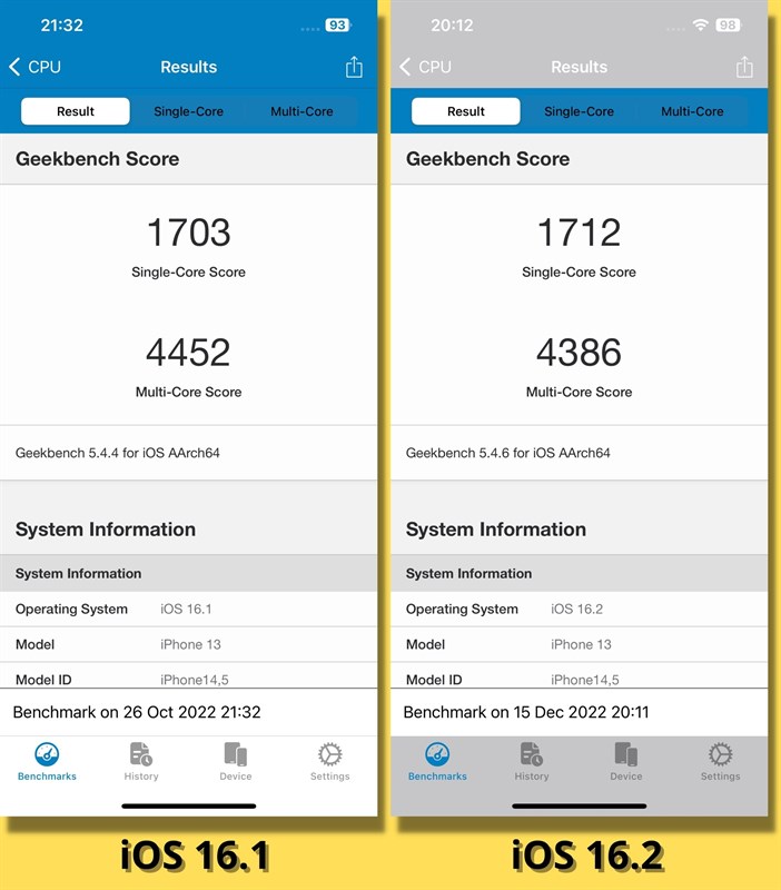 So sánh điểm GeekBench 5 (đơn nhân/đa nhân) của iPhone 13 chạy iOS 16.1 (bên trái) và iOS 16.2 (bên phải). So sánh điểm GeekBench 5 (đơn nhân/đa nhân) của iPhone 13 chạy iOS 16.1 (bên trái) và iOS 16.2 (bên phải).