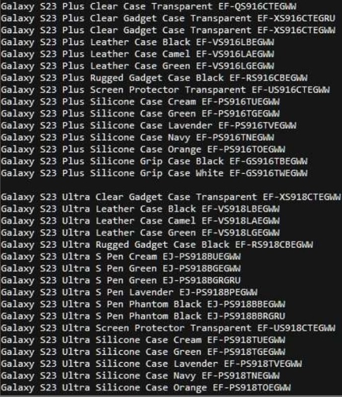 Các tên gọi và mã phụ kiện của dòng Galaxy S23 bị rò rỉ Các tên gọi và mã phụ kiện của dòng Galaxy S23 bị rò rỉ