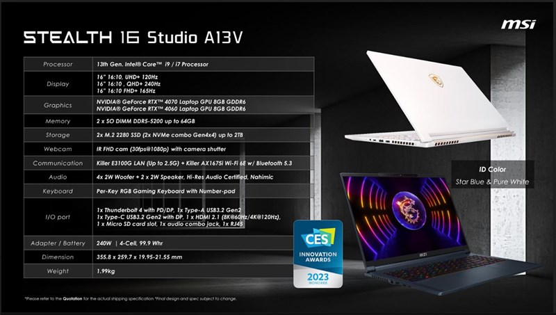 MSI giới thiệu dòng laptop Stealth Studio tại CES 2023