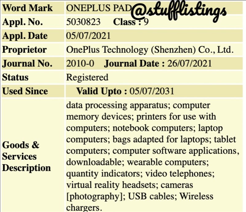 OnePlus đăng ký thương hiệu cho OnePlus Pad - Ảnh Stufflistings