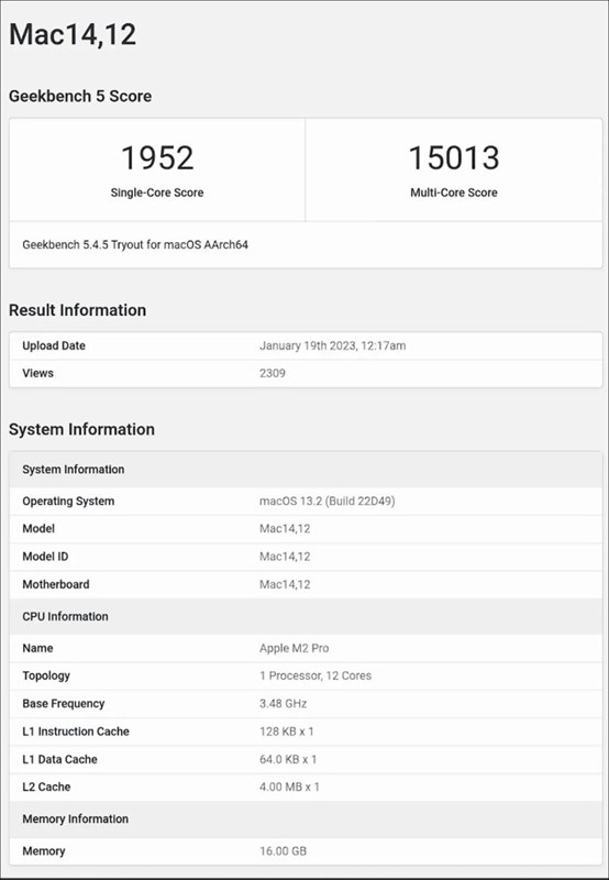 Điểm số Geekbench của vi xử lý Apple M2 Pro Điểm số Geekbench của vi xử lý Apple M2 Pro