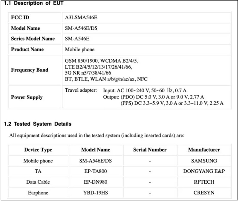 Thông tin về Galaxy A54 5G trên FCC