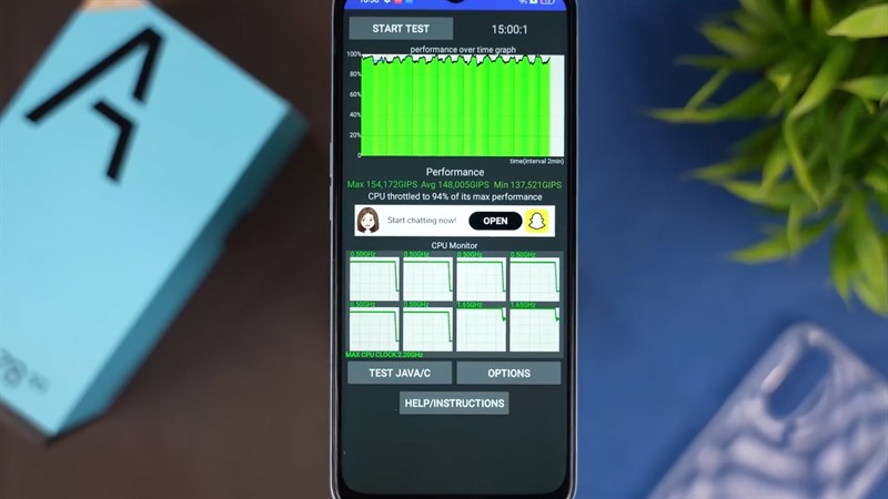 Sau 15 phút kiểm tra độ ổn định với CPU Throttle thì OPPO A78 5G có thể giữ được mức hiệu năng trung bình khoảng hơn 90%