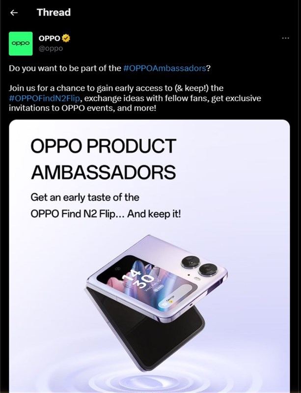 Bài đăng của OPPO trên trang Twitter chính thức Bài đăng của OPPO trên trang Twitter chính thức