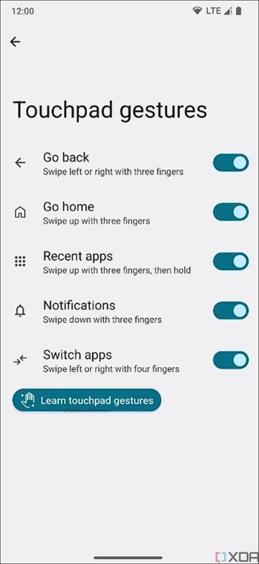 Các cài đặt cử chỉ mới cho Tounchpad trên Android 14