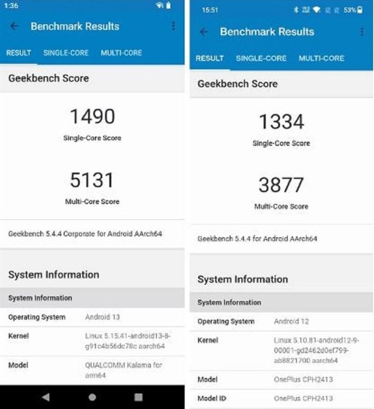 Điểm số của Snapdragon 8 Gen 2 (trái) và Snapdragon 8+ Gen 1 (phải) trên Geekbench