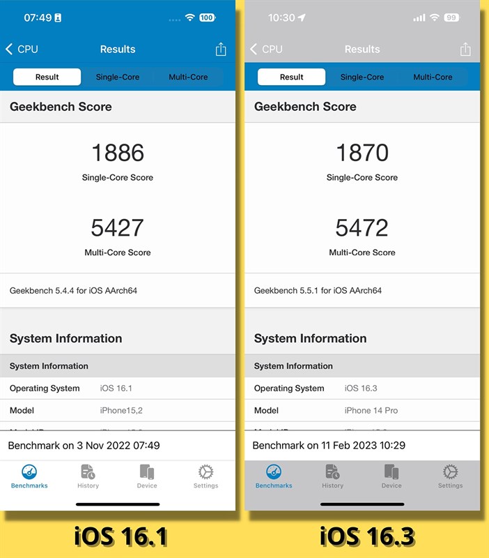 So sánh điểm GeekBench 5 (đơn nhân/đa nhân) của iPhone 14 Pro chạy iOS 16.1 (bên trái) và iOS 16.3 (bên phải).