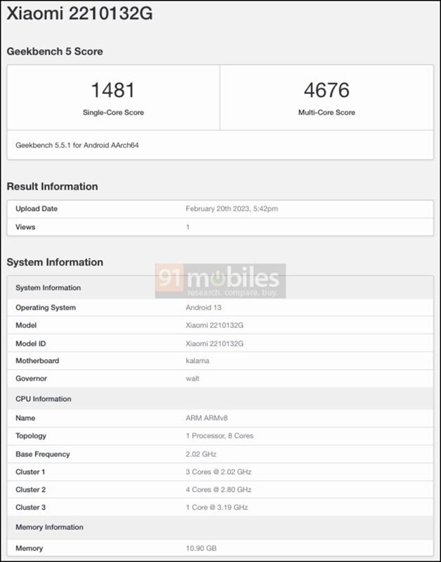 Xiaomi 13 Pro đạt được 1.481 điểm đơn lõi và 4.676 điểm đa lõi 