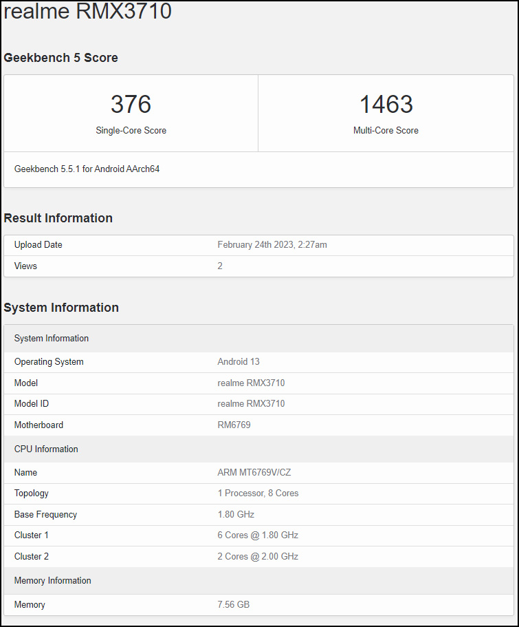 Ảnh rò rỉ trên trang Geekbench của mẫu realme C55 Ảnh rò rỉ trên trang Geekbench của mẫu realme C55