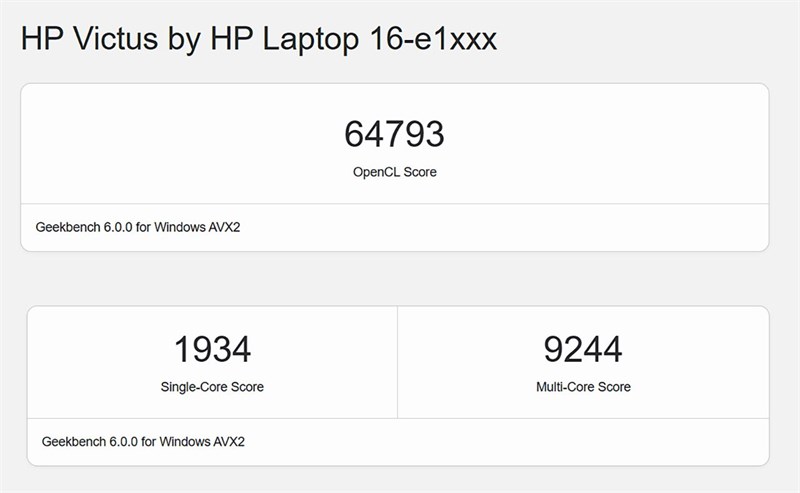 Điểm GeekBench 6 trên HP VICTUS 16 E1102AX