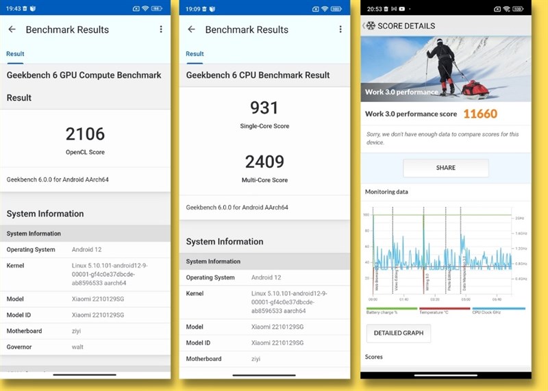 Kết quả bài test GeekBench 6 (bên trái, chính giữa) và PCMark (bên phải) trên Xiaomi 13 Lite.