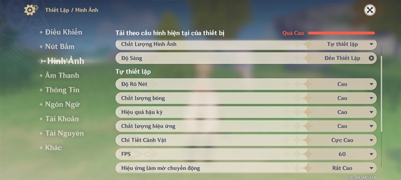 Thiết lập đồ họa Genshin Impact mà mình chỉnh trên Xiaomi 13 Lite.