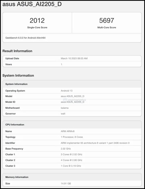 Thông số kỹ thuật chính của ASUS ROG Phone 7D trên Geekbench Thông số kỹ thuật chính của ASUS ROG Phone 7D trên Geekbench