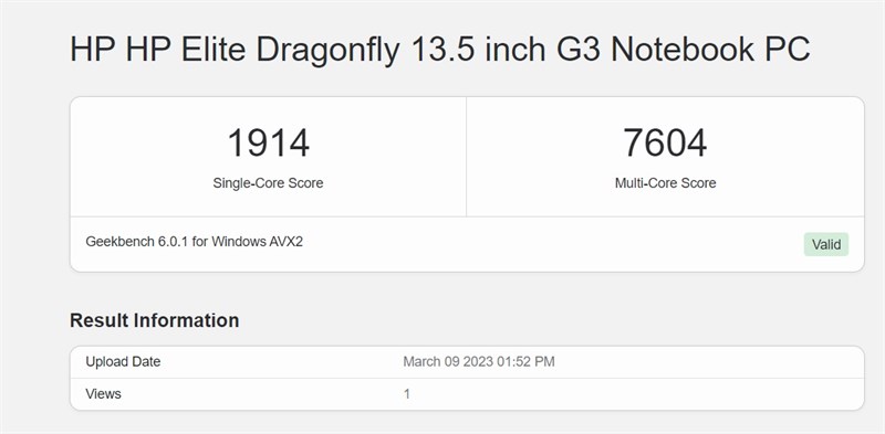 Điểm GeekBench 5 trên HP Elitebook Dragonfly G3. Điểm GeekBench 5 trên HP Elitebook Dragonfly G3.