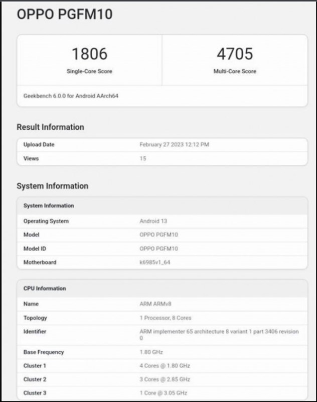 Điểm số Geekbench của một thiết bị có số model OPPO PGFM10