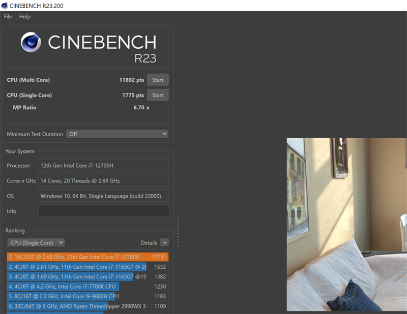 Điểm Cinebench R23 của Lenovo Yoga Slim 7 Pro.