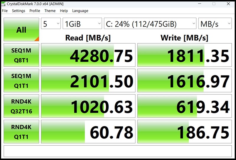 Kết quả tốc độ đọc/ghi của ổ cứng SSD bên trong ASUS Vivobook 15 OLED A1505VA