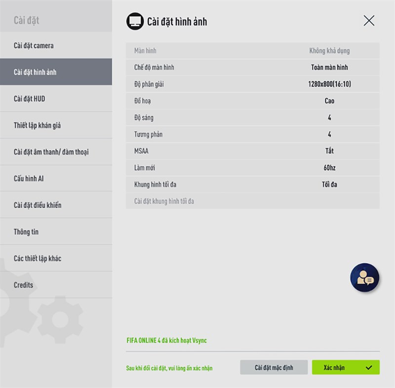 Thiết lập đồ họa FIFA Online 4 mà mình đặt trên ASUS Vivobook 15 OLED A1505VA