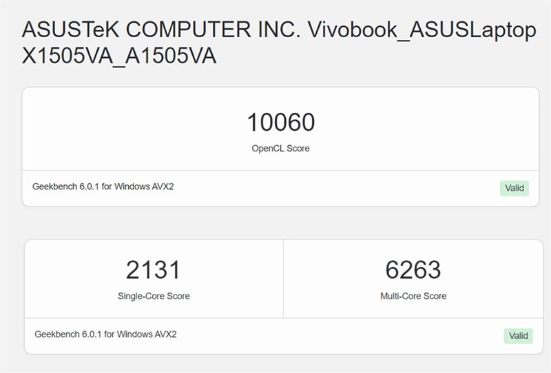 Điểm GeekBench 6 của ASUS Vivobook 15 OLED A1505VA