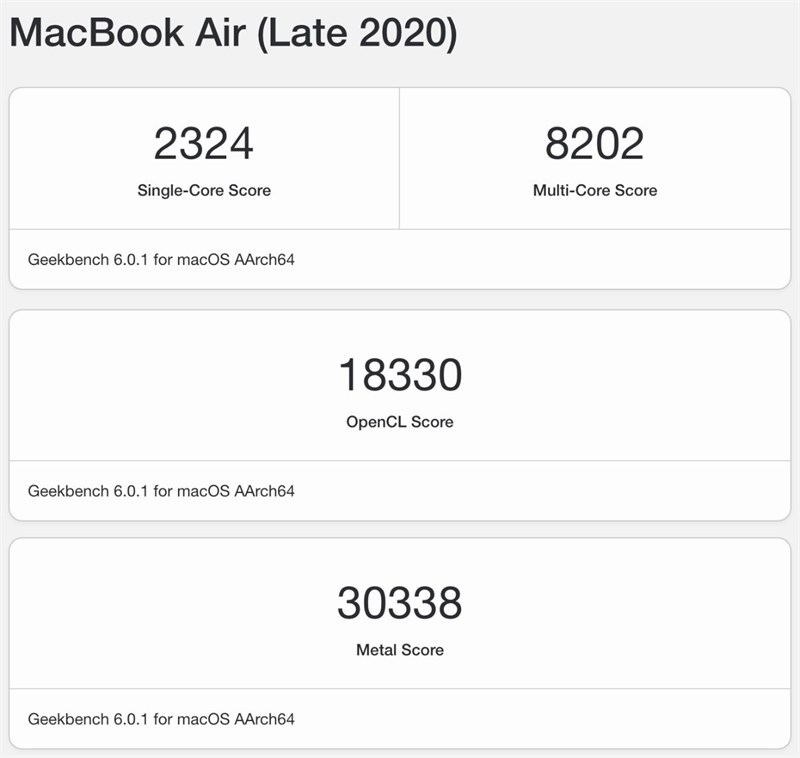 Điểm GeekBench 6 của MacBook Air M1. Điểm GeekBench 6 của MacBook Air M1.