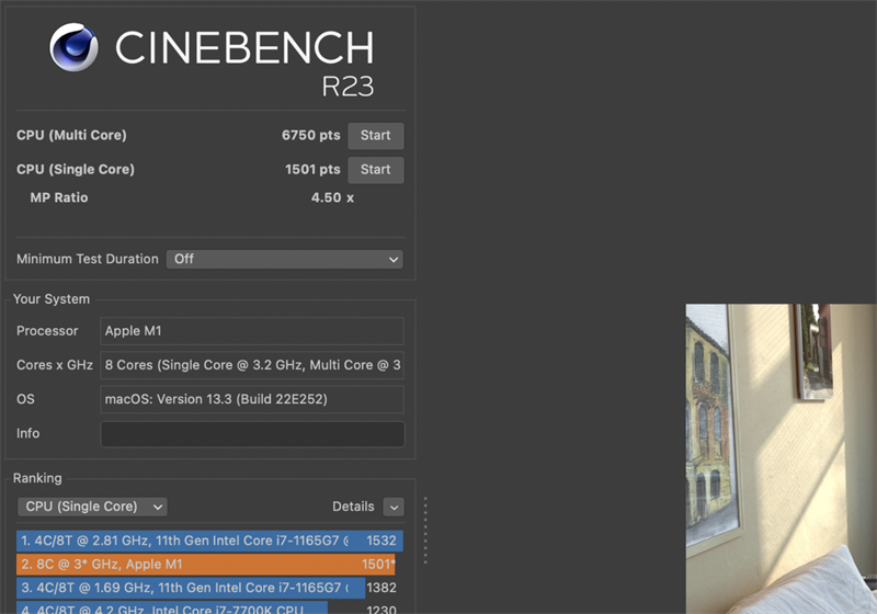 Điểm Cinebench R23 của MacBook Air M1. Điểm Cinebench R23 của MacBook Air M1.