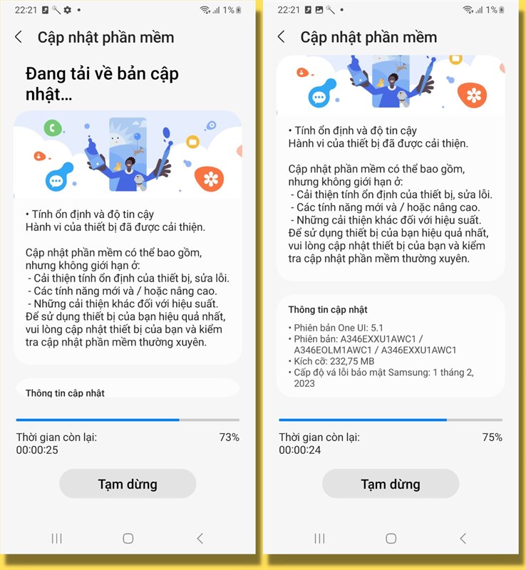 Vào hôm 7/4, Galaxy A34 5G của mình nhận được một bản cập nhật nhỏ nhằm cải thiện hiệu suất, độ ổn định cho thiết bị. Vào hôm 7/4, Galaxy A34 5G của mình nhận được một bản cập nhật nhỏ nhằm cải thiện hiệu suất, độ ổn định cho thiết bị.