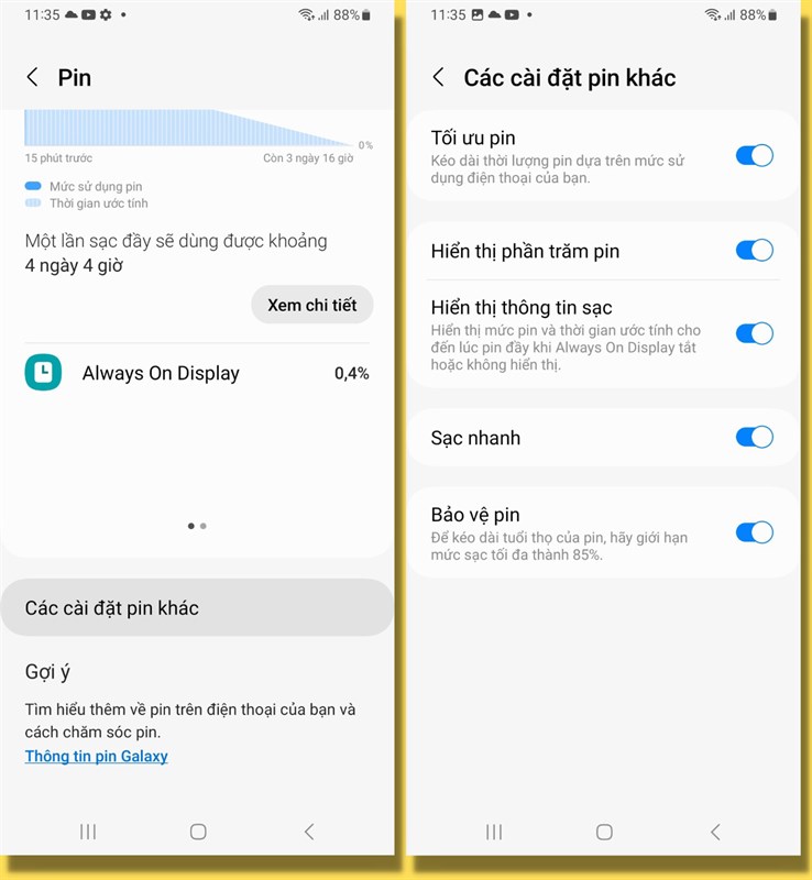 Tính năng Bảo vệ pin trên Galaxy A34 5G sẽ giúp các bạn yên tâm sạc thiết bị qua đêm mà không sợ máy bị chai pin. Tính năng Bảo vệ pin trên Galaxy A34 5G sẽ giúp các bạn yên tâm sạc thiết bị qua đêm mà không sợ máy bị chai pin.