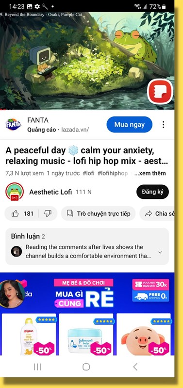 Mình dùng Galaxy A34 5G để nghe nhạc trên YouTube trong quá trình làm việc, lúc này pin máy còn 72% Mình dùng Galaxy A34 5G để nghe nhạc trên YouTube trong quá trình làm việc, lúc này pin máy còn 72%