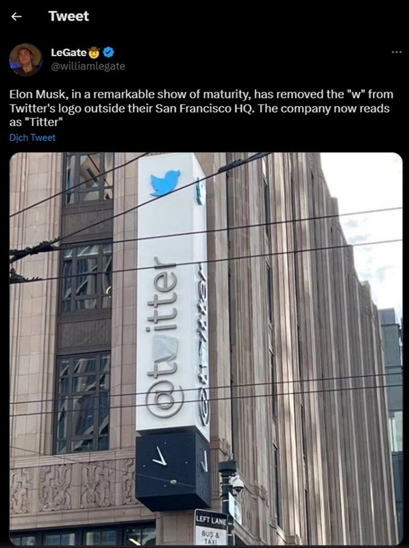 Đoạn tweet cho thấy việc Elon Musk cho sơn lại biển hiệu Twitter đã được thực hiện từ vài ngày trước Đoạn tweet cho thấy việc Elon Musk cho sơn lại biển hiệu Twitter đã được thực hiện từ vài ngày trước