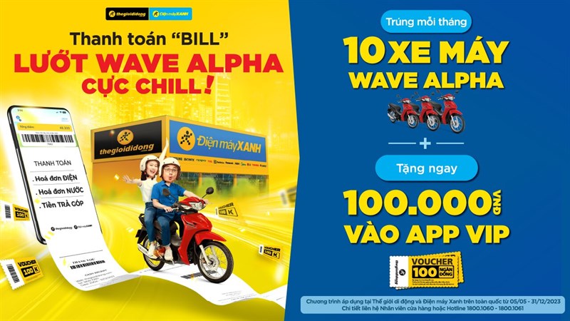 Thanh toán liền tay - Nhận ngay 100K và cơ hội trúng 10 xe máy Wave Alpha cho hóa đơn thu hộ điện, nước, trả góp