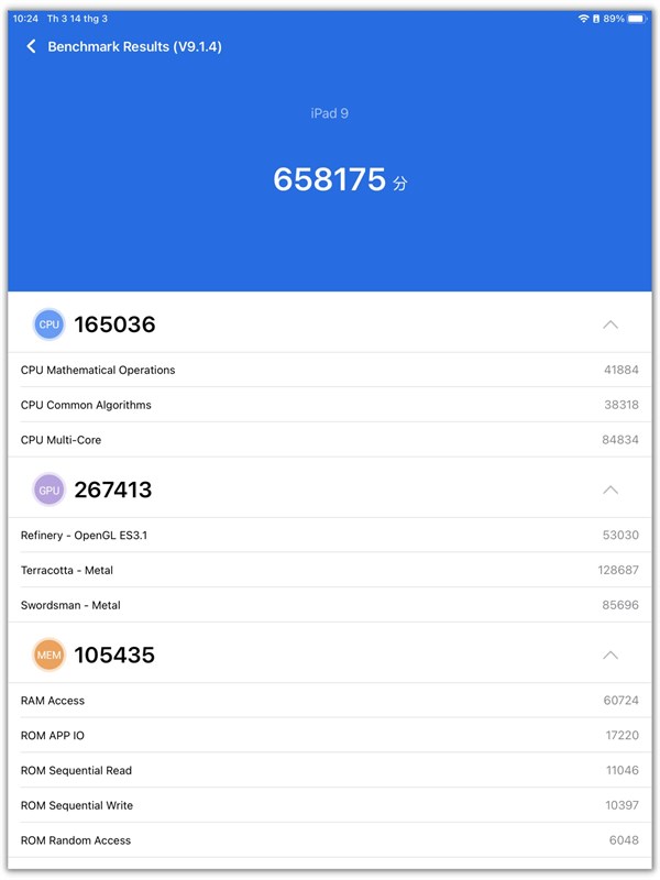 Điểm AnTuTu Benchmark của iPad Gen 9.