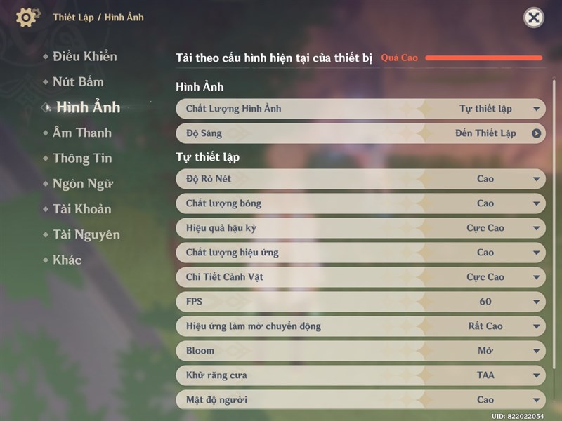 Thiết lập đồ họa trong Genshin Impact mà mình chỉnh được trên iPad Gen 9.