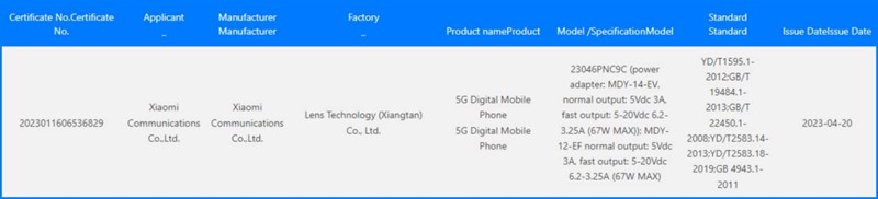 Xiaomi 23046PNC9C được cơ quan 3C chứng nhận