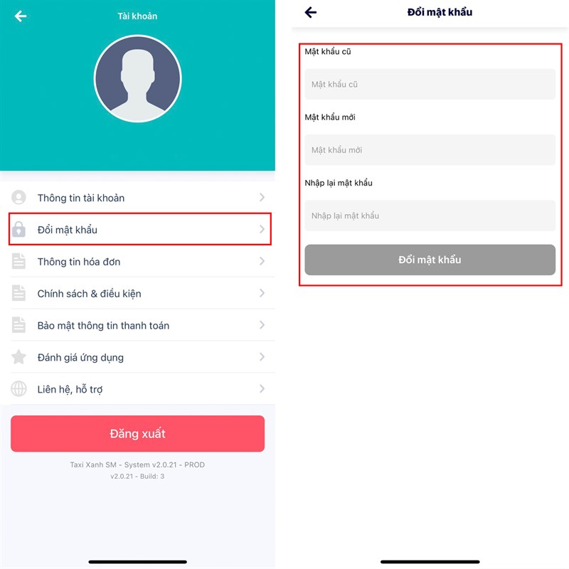 Cách thay đổi mật khẩu tài khoản Taxi Xanh SM
