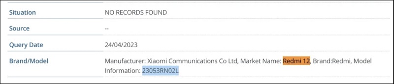 Hình ảnh Redmi 12 được liệt kê trên trang web IMEI