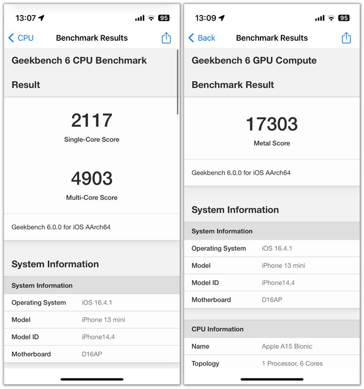 Điểm GeekBench 6 của iPhone 13 mini. Điểm GeekBench 6 của iPhone 13 mini.
