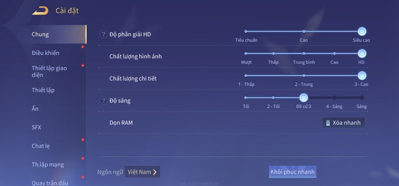 Thiết lập đồ họa Liên Quân Mobile mà mình chỉnh để test pin Galaxy S23 Ultra 5G. Thiết lập đồ họa Liên Quân Mobile mà mình chỉnh để test pin Galaxy S23 Ultra 5G.