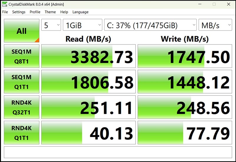 Kết quả tốc độ đọc/ghi của ổ cứng SSD bên trong lenovo ideapad slim 5 light