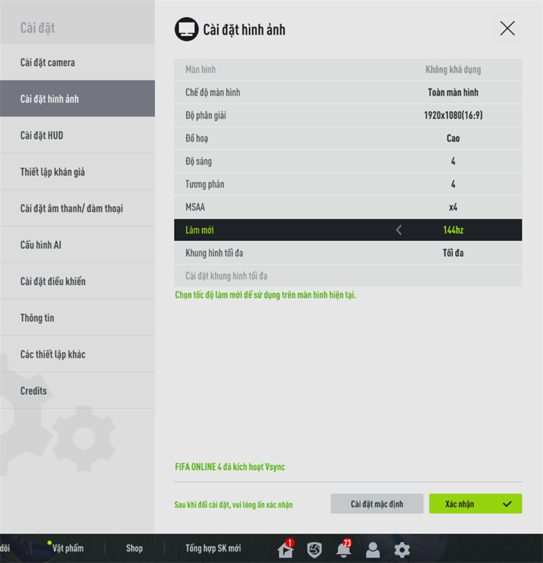 Thiết lập đồ họa của FIFA Online 4 mà mình chỉnh được với ASUS TUG Gaming G15 2023.