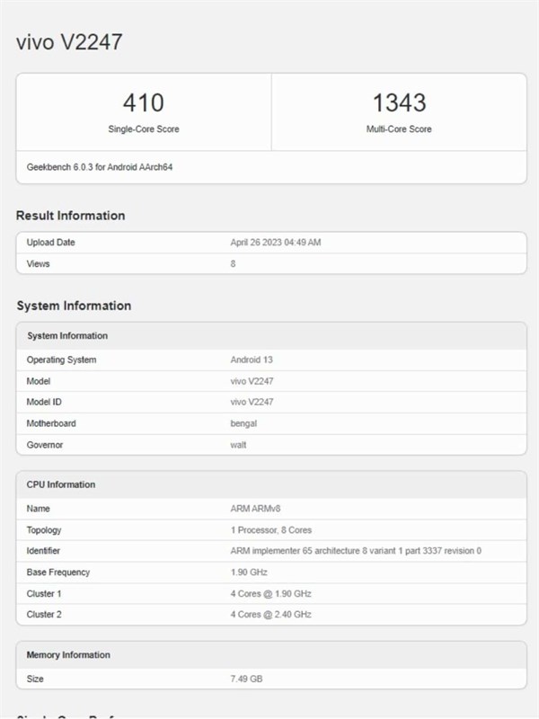 Thông tin về Vivo Y36 4G trên Geekbench