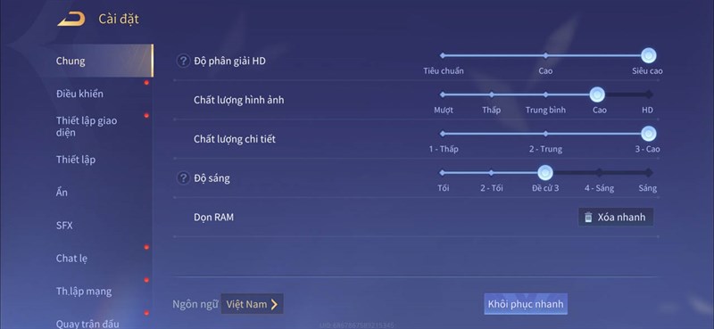 Thiết lập đồ họa Liên Quân Mobile mà mình chỉnh để test pin Galaxy A24.