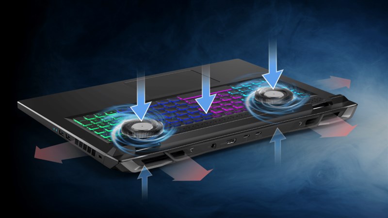 Bên cạnh đó, chiếc laptop còn có 2 quạt tản nhiệt, 2 cổng hút gió (trên và dưới) cùng với 4 cổng thoát nhiệt Bên cạnh đó, chiếc laptop còn có 2 quạt tản nhiệt, 2 cổng hút gió (trên và dưới) cùng với 4 cổng thoát nhiệt