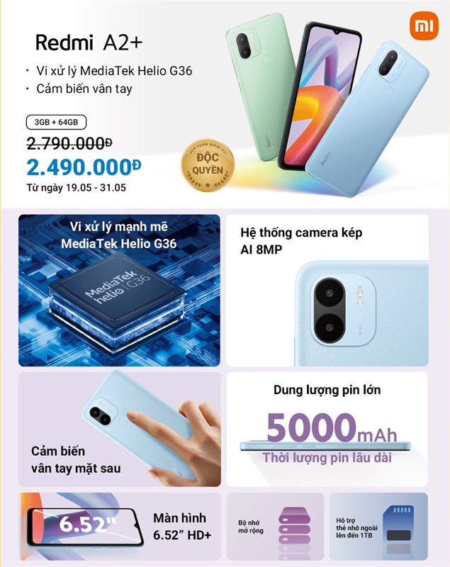 Redmi A2+ có viên pin dung lượng 5.000 mAh Redmi A2+ có giá bán