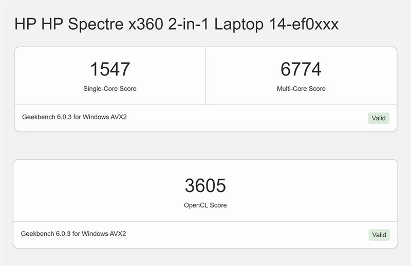 Điểm Geekbench 6 của HP Spectre x360 14 ef0030TU