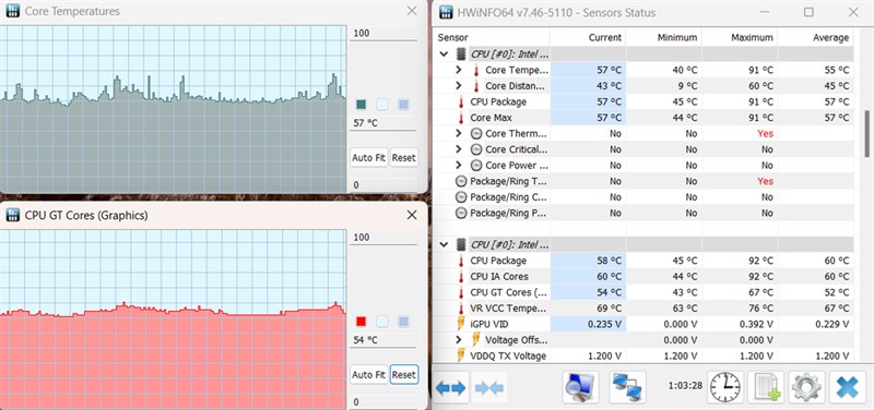 Đo nhiệt độ CPU và GPU của ASUS Vivobook 14 A1405VA bằng phần mềm HWiNFO64.